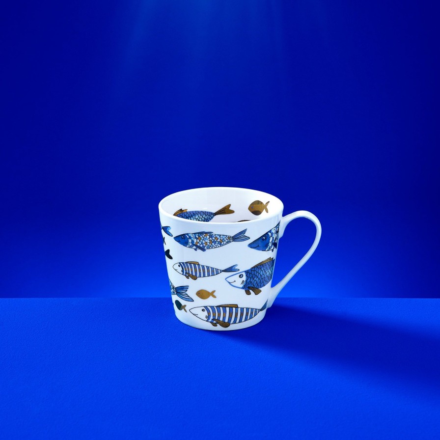 Geschirr Werns | 6Er-Set Kaffeebecher Fische Blue Fish, Blau-Gold, Goldauflage, New Bone, 400 Ml