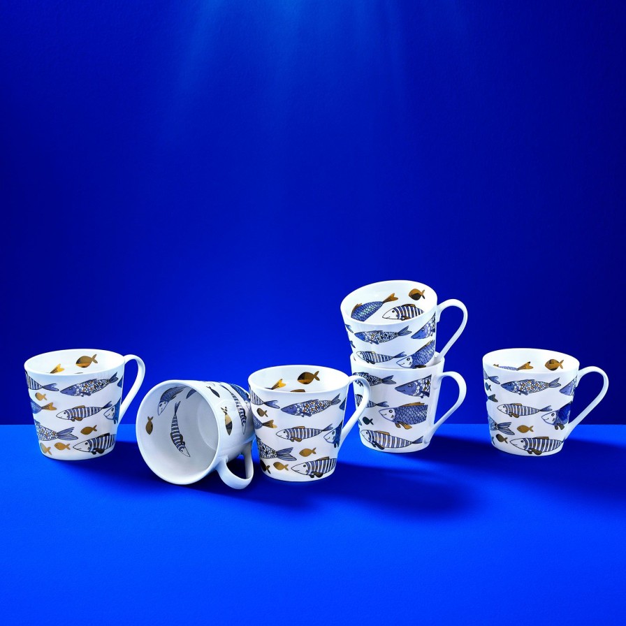 Geschirr Werns | 6Er-Set Kaffeebecher Fische Blue Fish, Blau-Gold, Goldauflage, New Bone, 400 Ml