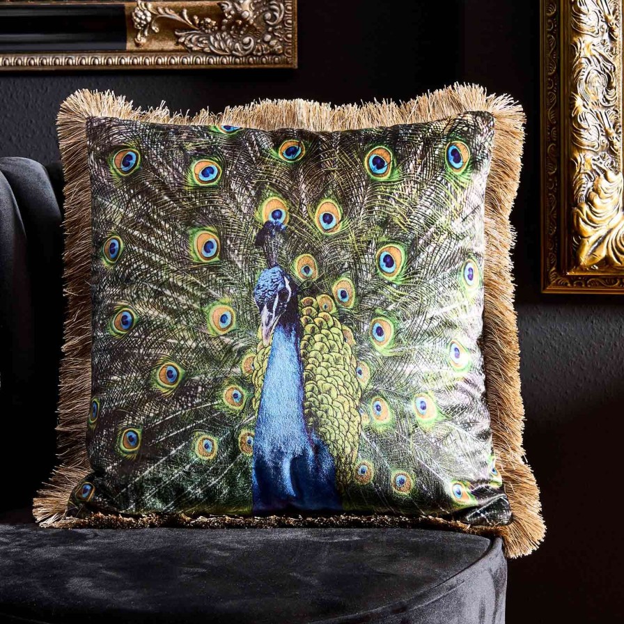 Accessoires Werns | Samtkissen Pfau Peacock, Grun-Gold, 45X45 Cm, Mit Fransen, Polyester, Inklusive Fullung