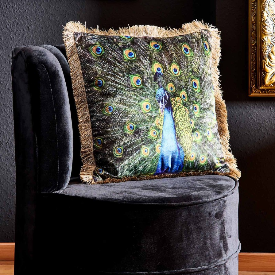 Accessoires Werns | Samtkissen Pfau Peacock, Grun-Gold, 45X45 Cm, Mit Fransen, Polyester, Inklusive Fullung