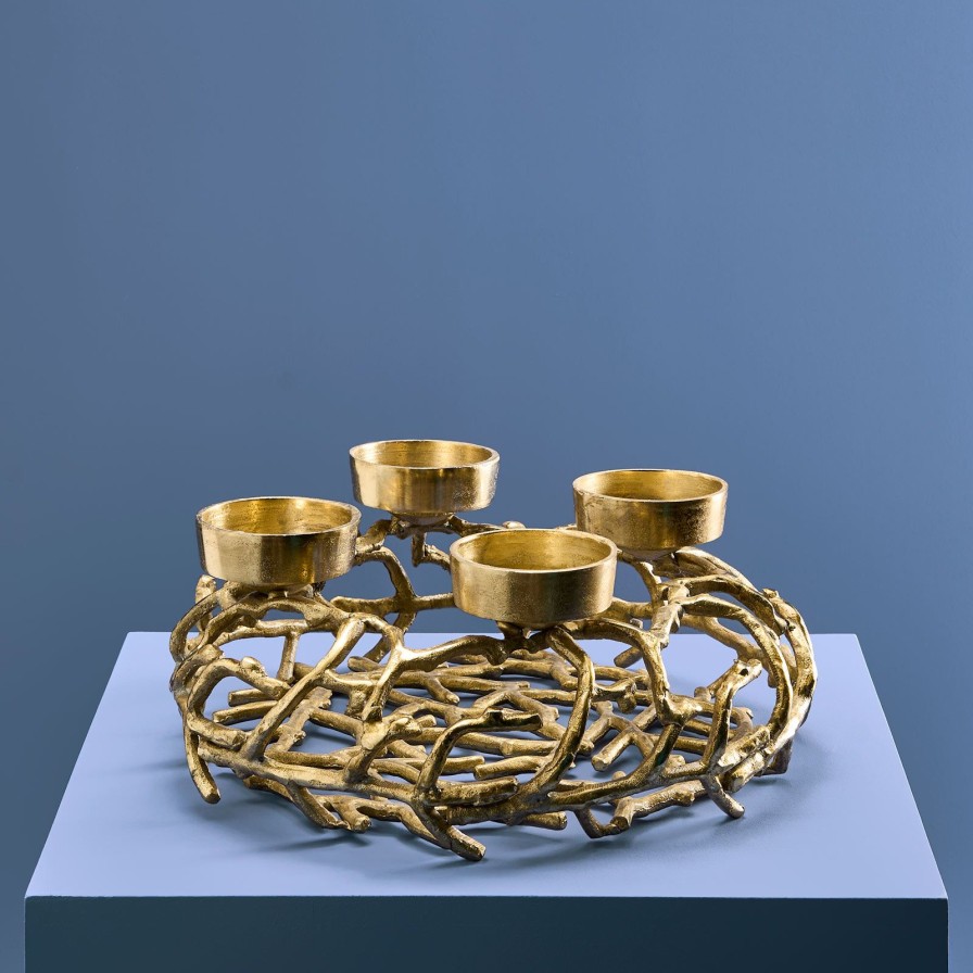 Accessoires Werns | Adventskerzenhalter / Adventskranz M. 4 Kerzenhaltern, Gold, Aluminium, 39X15 Cm