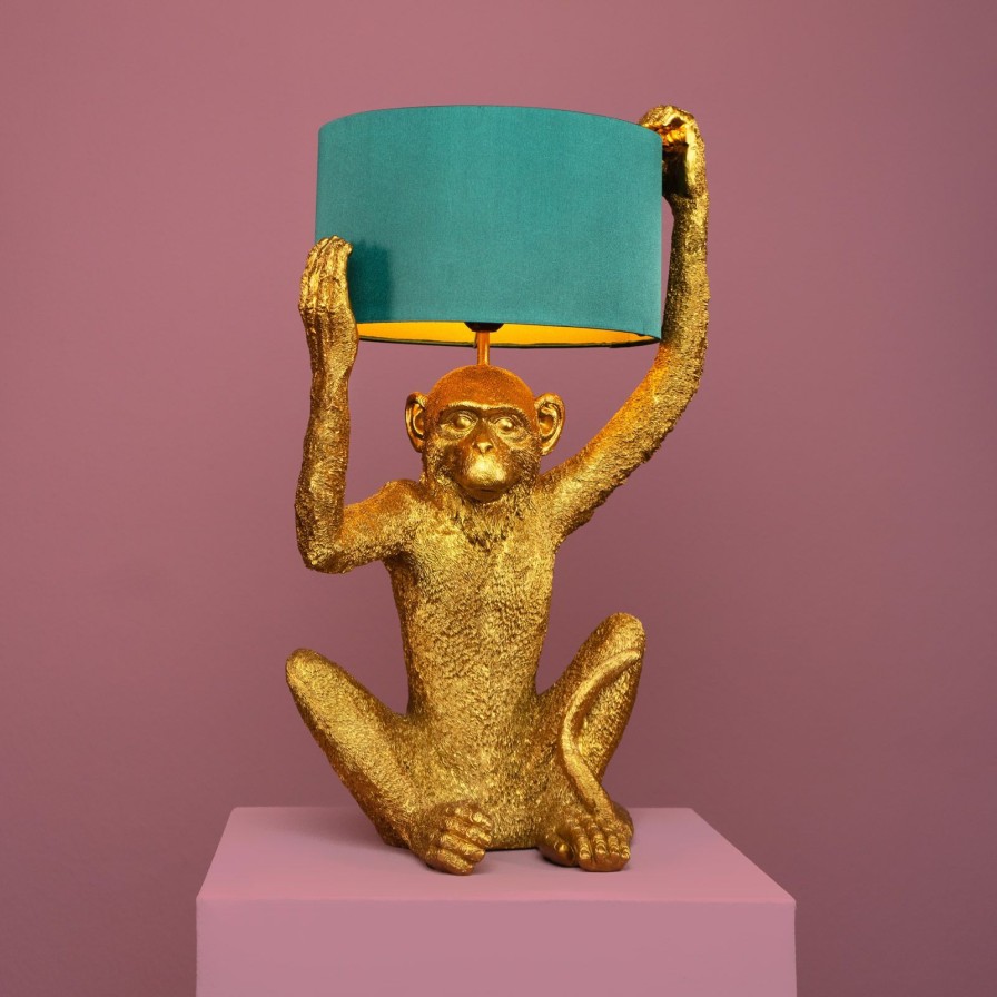 Tierleuchten Werns | Tischleuchte Affe Chimpy, Gold/Petrol, Polyresin, 35,5X30,5X57 Cm, E27