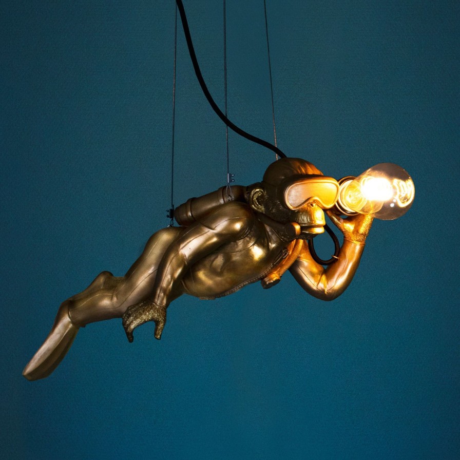 Tierleuchten Werns | Deckenleuchte Affe Diver Dave, Gold, Polyresin 45,5X22X18 Cm, E27