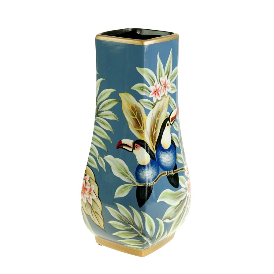 Accessoires Werns | Vase Jungle / Tukan / Tropics, Blau, Handbemalt, Glasiert, Porzellan, 15,5X35 Cm