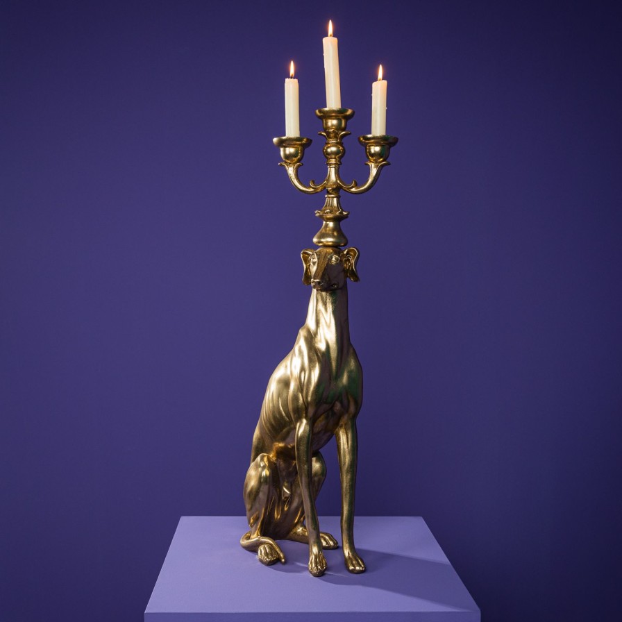 Accessoires Werns | Kerzenleuchter Hund Gregory, The Greyhound, Gold, Polyresin, 26X17X75 Cm