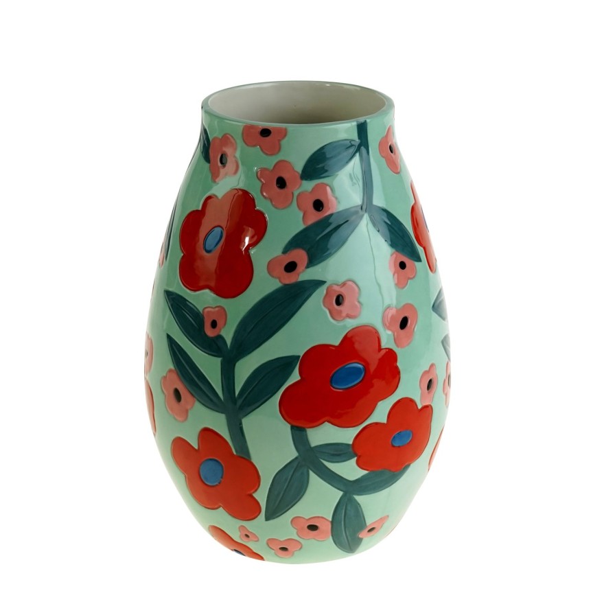 Accessoires Werns | Vase Flores M. Blumenmotiv, Mint-Rot-Grun, Handbemalt, Keramik, Glasiert, 19,5X19,5X28Cm