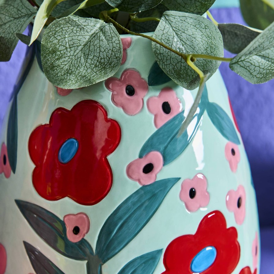 Accessoires Werns | Vase Flores M. Blumenmotiv, Mint-Rot-Grun, Handbemalt, Keramik, Glasiert, 19,5X19,5X28Cm