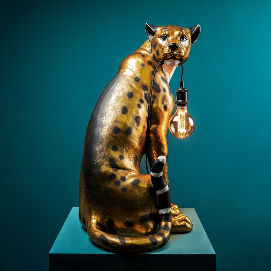 Tierleuchten Werns | Stehleuchte Leopard Leopold, Limited Edition, Handbemalt, Gold/Schwarz, Polyresin, 52X42X74 Cm