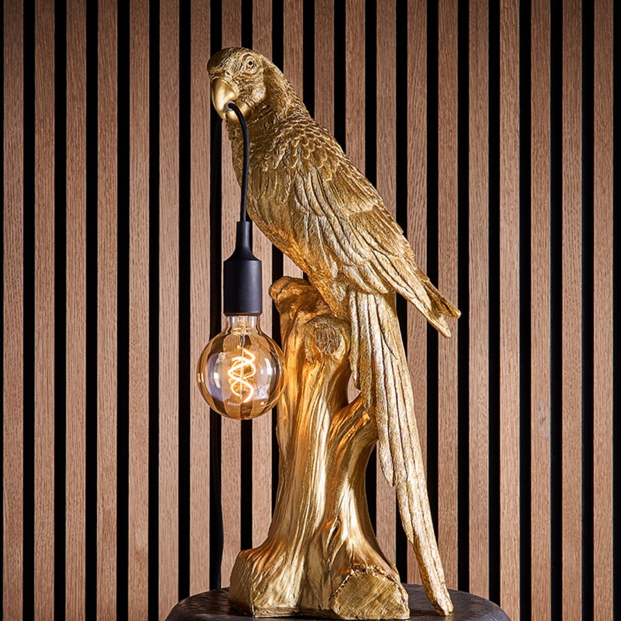 Tierleuchten Werns | Tischleuchte Papagei Timmy, Gold, Polyresin, 27,5X18X61 Cm, E27