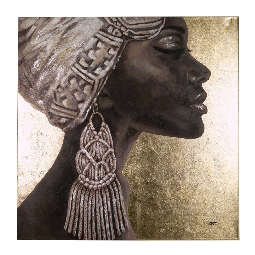 Wall Art Werns | Gemalde Afrikanische Frau Aayana, Gold, Handgemalt, Acryl Auf Leinwand, 100X100Cm