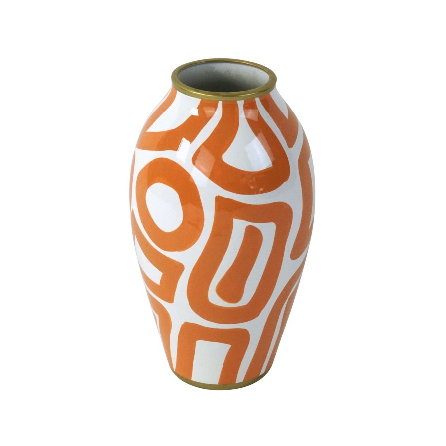 Accessoires Werns | Vase Mandarino, Abstrakte Kunst, Orange-Weis, Handbemalt, Porzellan, 23X23X37Cm