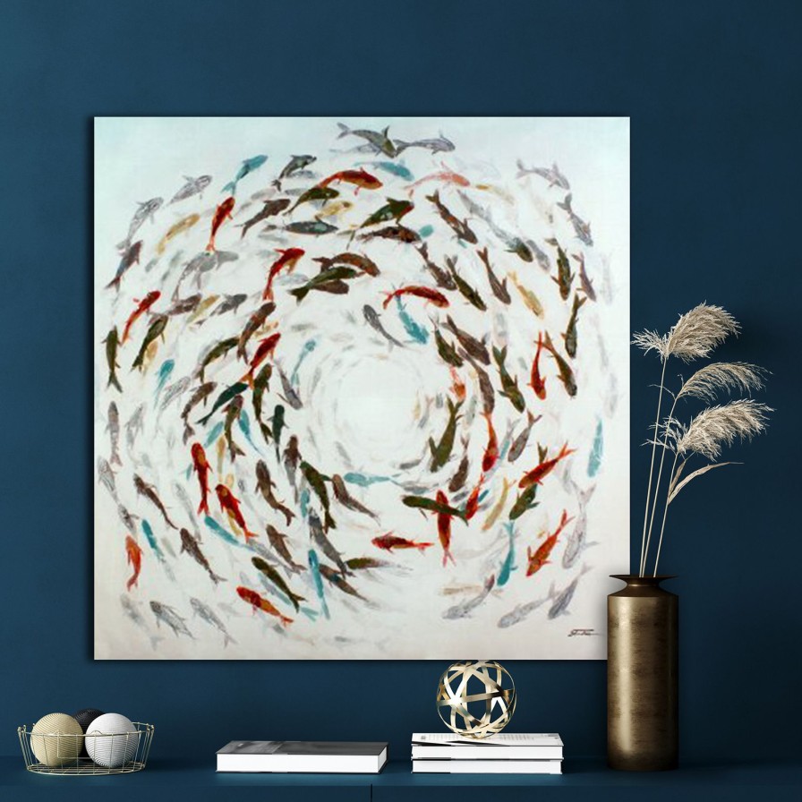 Wall Art Werns | Bild Fische School Of Fish, Handgemalt, Acryl Auf Leinwand, 100X100 Cm