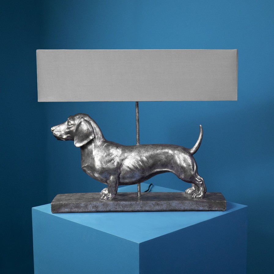 Tierleuchten Werns | Tischleuchte Hund Frank, Silber, Polyresin, 60X14X48,5 Cm, E27