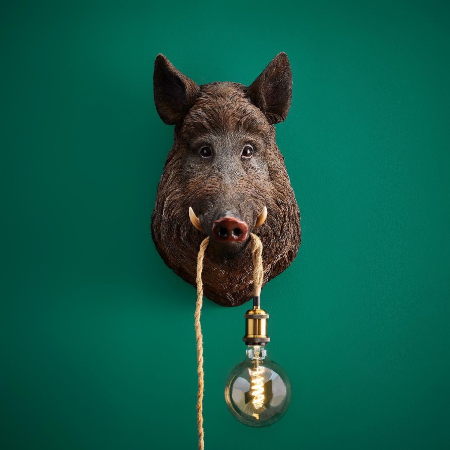 Tierleuchten Werns | Wandleuchte Wildschwein / Schwein Willy, Braun, Polyresin, 30X33,5X50 Cm