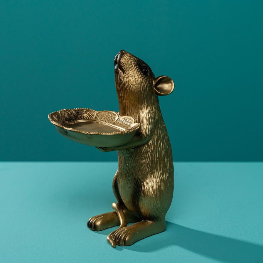 Accessoires Werns | Dekofigur Rudi Ratte, Maus, M. Schale, Gold, Polyresin, 15,5X13,5X23 Cm