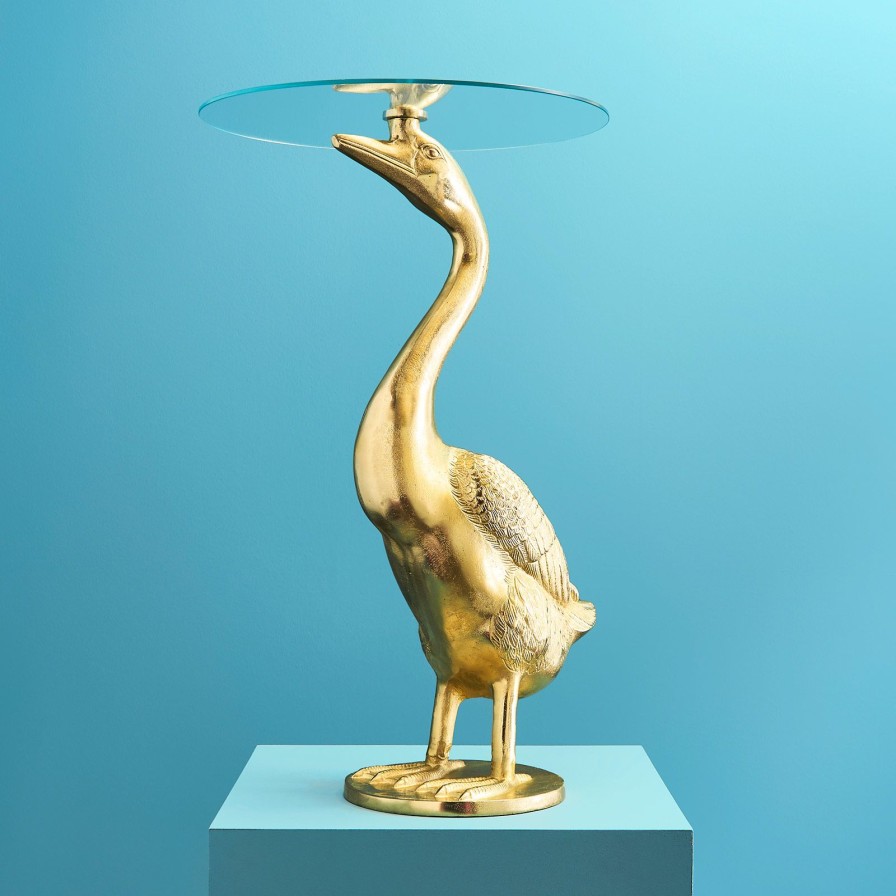 Mobel Werns | Beistelltisch Ente / Gans Gina, Gold, Aluminium/Glas, 56X46X76 Cm