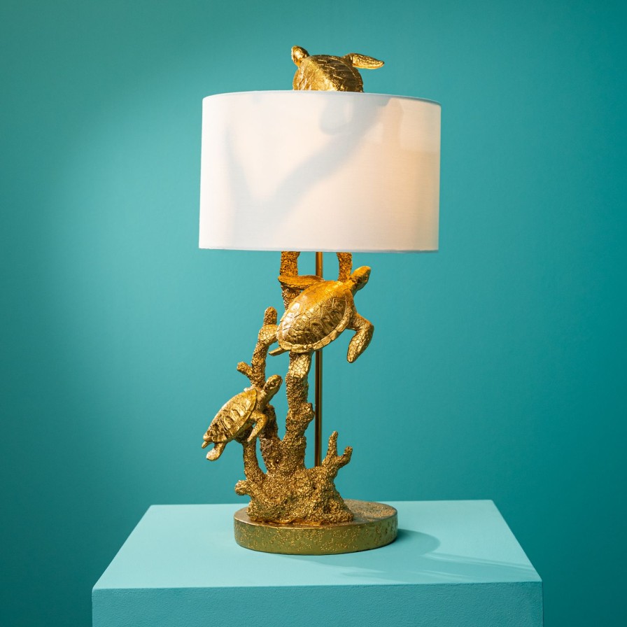 Tierleuchten Werns | Tischleuchte Schildkrote Turtle Gang, Gold-Weis, Polyresin, 30X30X62 Cm