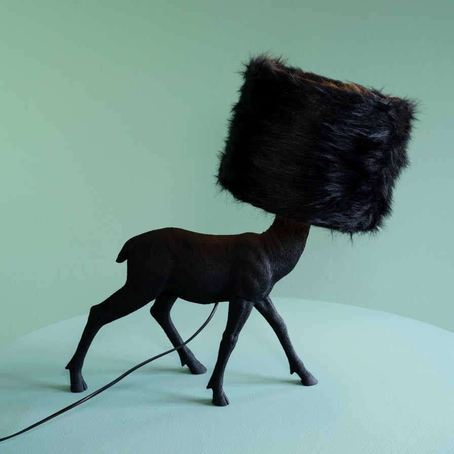 Tierleuchten Werns | Tischleuchte Hirsch Hirsch-Heis-Ich, Schwarz, 61X26X55 Cm. E27, Material: Polyresin, Kunstfell