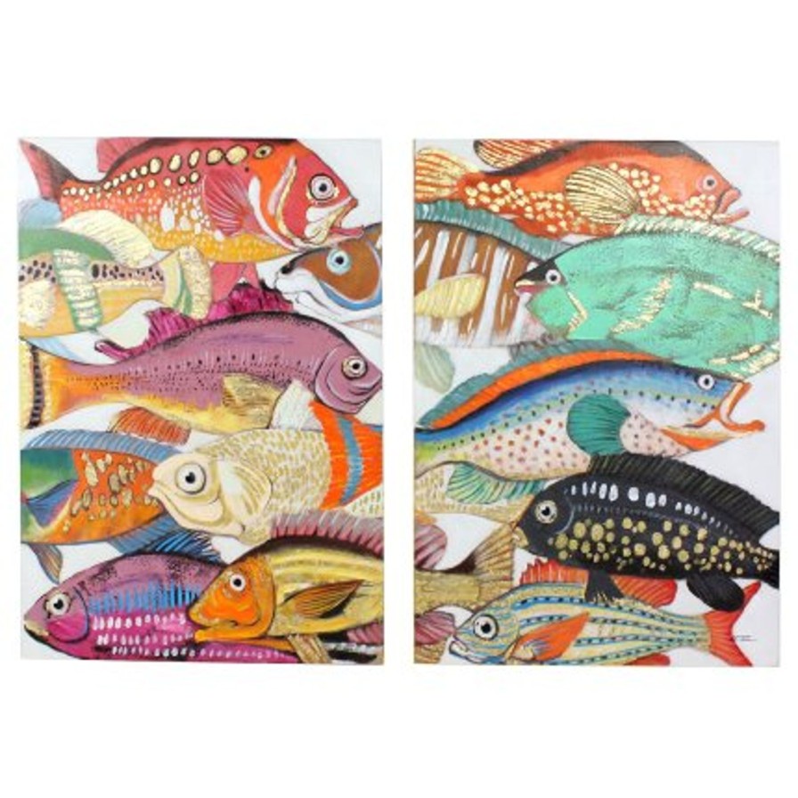 Wall Art Werns | 2Er-Set Bild Fische Colorful Fishes, Handgemalt, Acryl Auf Leinwand, 70X100 Cm