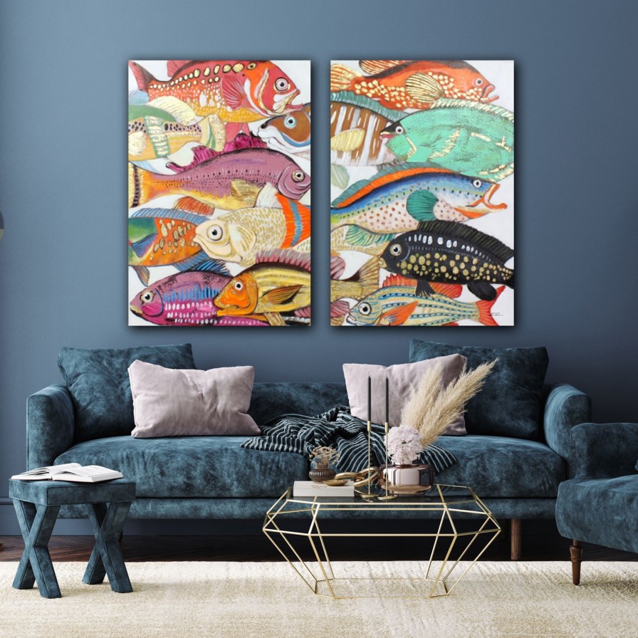 Wall Art Werns | 2Er-Set Bild Fische Colorful Fishes, Handgemalt, Acryl Auf Leinwand, 70X100 Cm