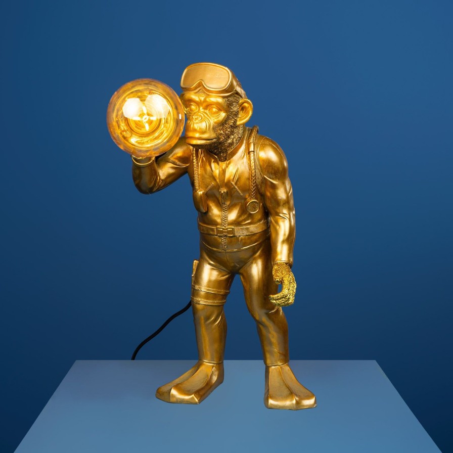 Tierleuchten Werns | Tischleuchte Affe Diver Dan, Gold, Polyresin, 27X31X49,5 Cm, E27