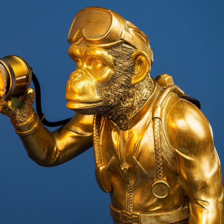 Tierleuchten Werns | Tischleuchte Affe Diver Dan, Gold, Polyresin, 27X31X49,5 Cm, E27