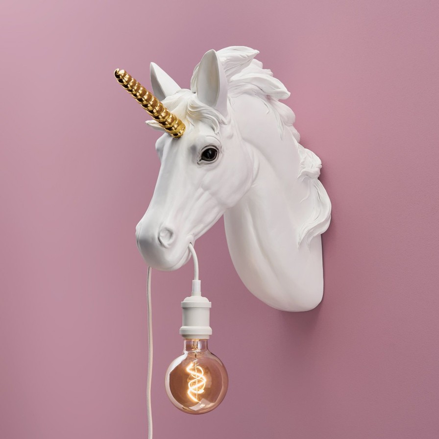 Tierleuchten Werns | Wandleuchte Einhorn Hugh, Weis-Gold, Polyresin, 41,5X17,5X42Cm, E27