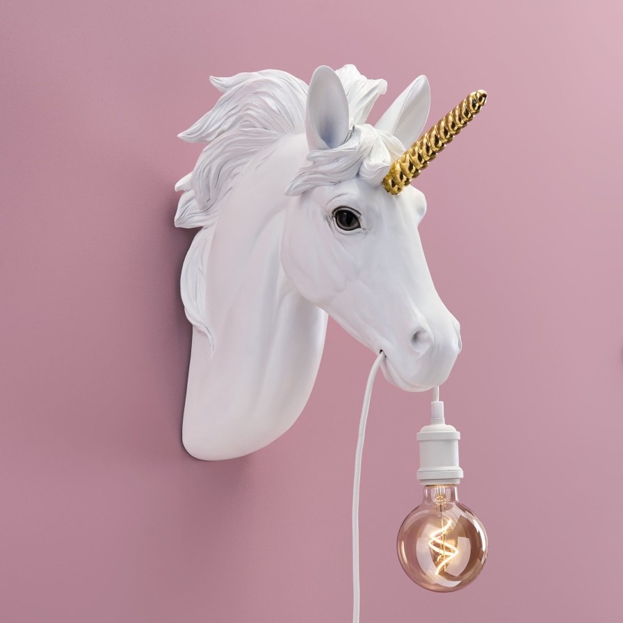 Tierleuchten Werns | Wandleuchte Einhorn Hugh, Weis-Gold, Polyresin, 41,5X17,5X42Cm, E27