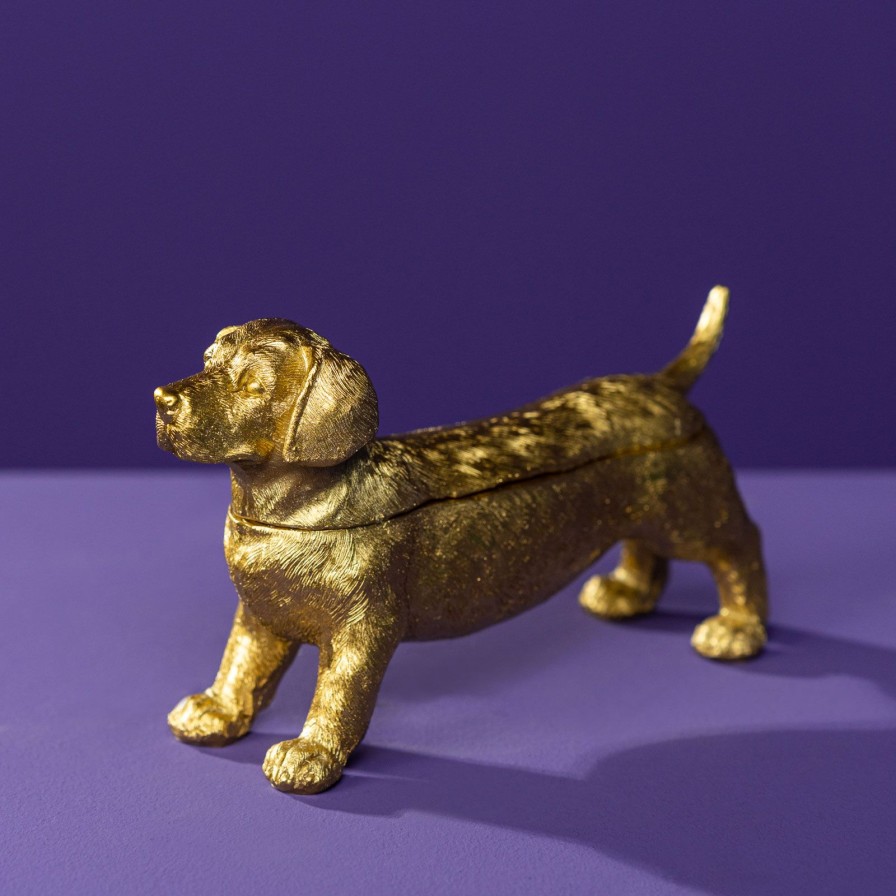 Accessoires Werns | Deko Dose Hund, Dackel, Gold, Polyresin, 24,5X7,5X14,5Cm