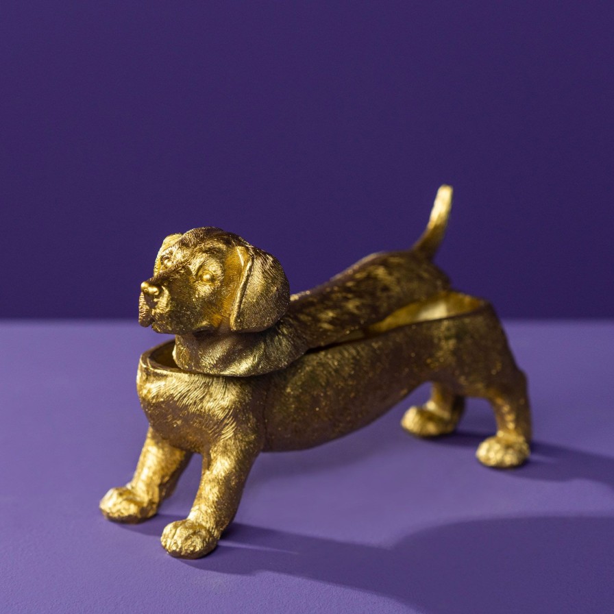 Accessoires Werns | Deko Dose Hund, Dackel, Gold, Polyresin, 24,5X7,5X14,5Cm