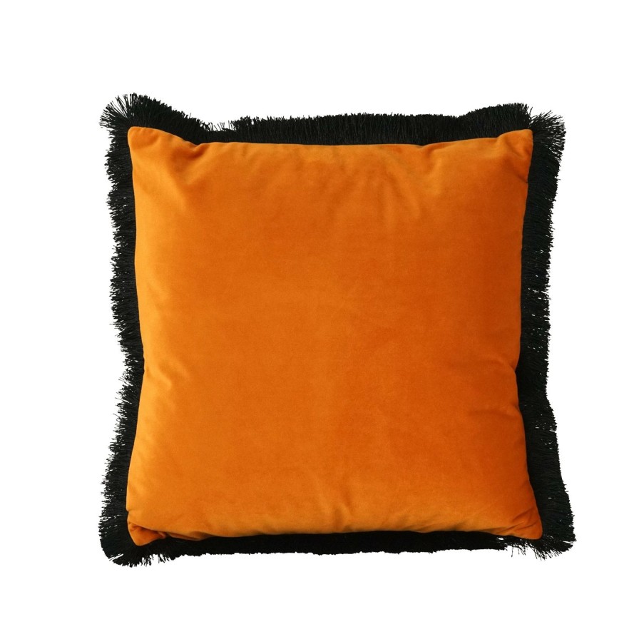 Accessoires Werns | Samtkissen Velvet Cushion, Orange-Schwarz, Polyester, 45X45 Cm, Mit Schwarzen Fransen, Inklusive Fullung