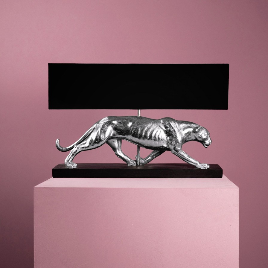 Tierleuchten Werns | Tischleuchte Panther Baghiro, Silber, Polyresin, 60,5X14,5X38,5 Cm, E27