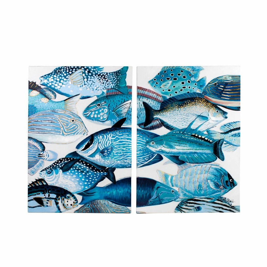 Geschirr Werns | 2Er Set Gemalde Blue Fishes, Handgemalt, Acryl A. Leinwand, 70X100Cm