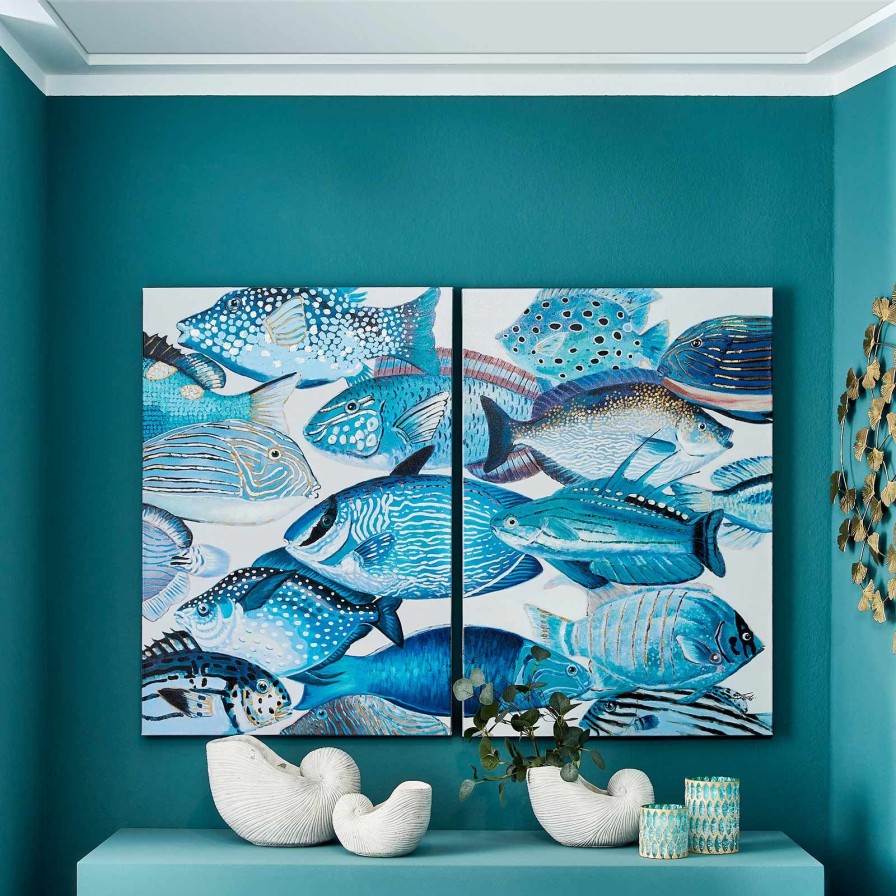 Geschirr Werns | 2Er Set Gemalde Blue Fishes, Handgemalt, Acryl A. Leinwand, 70X100Cm