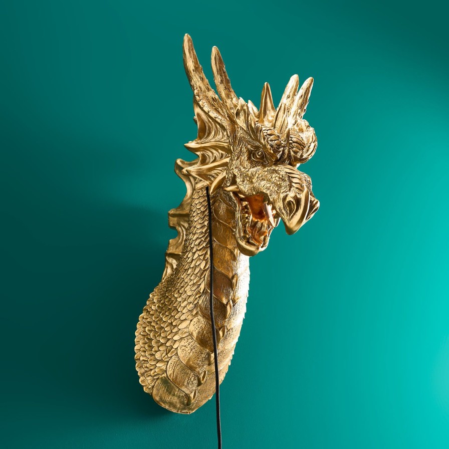 Tierleuchten Werns | Wandleuchte Drache Drake, Gold, Polyresin, 66X27X41Cm, E14