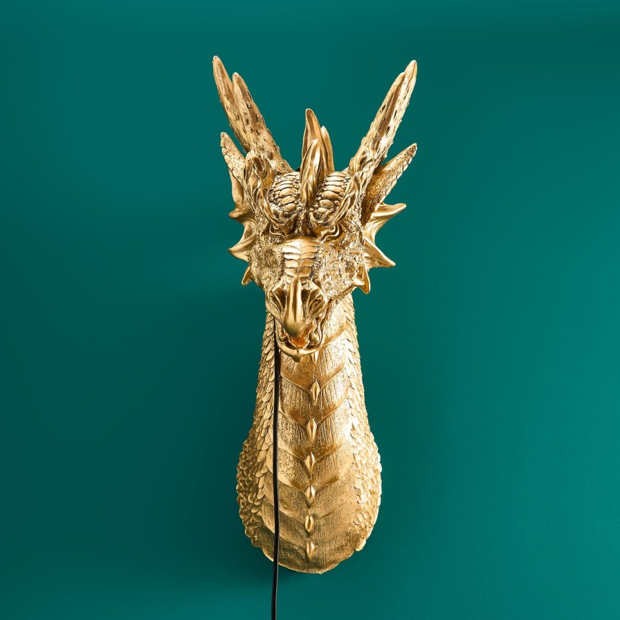 Tierleuchten Werns | Wandleuchte Drache Drake, Gold, Polyresin, 66X27X41Cm, E14