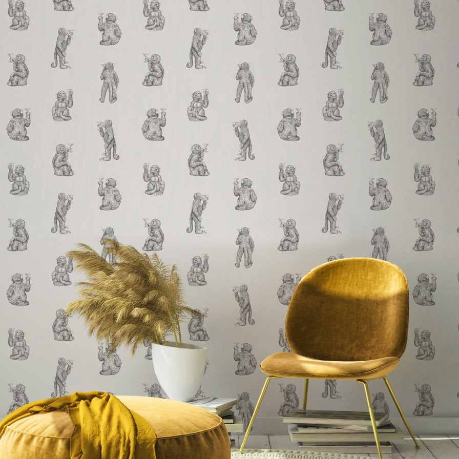 Wall Art Werns | Tapete Affe Cocktail Monkeys, Weis, Vliestapete, 0,53X10,05 M (150 G/Qm)