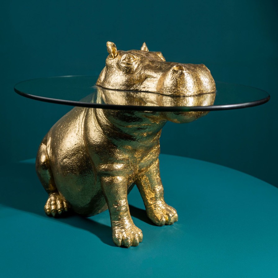 Mobel Werns | Beistelltisch Nilpferd Patty Potamus, Gold, Polyresin/Glas, 65X50X45 Cm