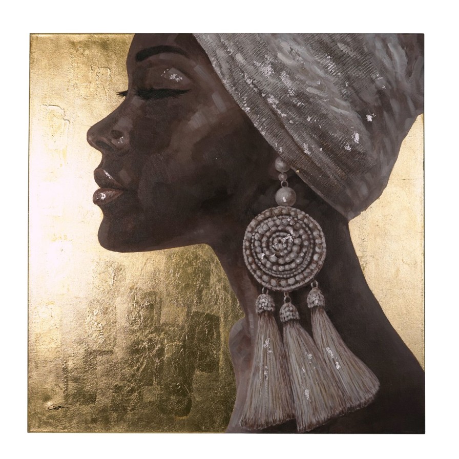 Wall Art Werns | Gemalde Afrikanische Frau Keyah, Gold, Handgemalt, Acryl Auf Leinwand, 100X100Cm