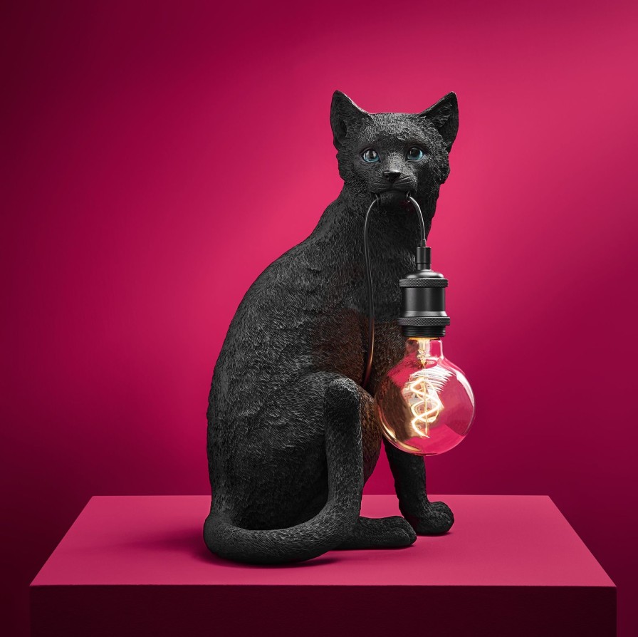 Tierleuchten Werns | Tischleuchte Katze Chouchou, Schwarz, Polyresin, 29,3X26X44,5 Cm