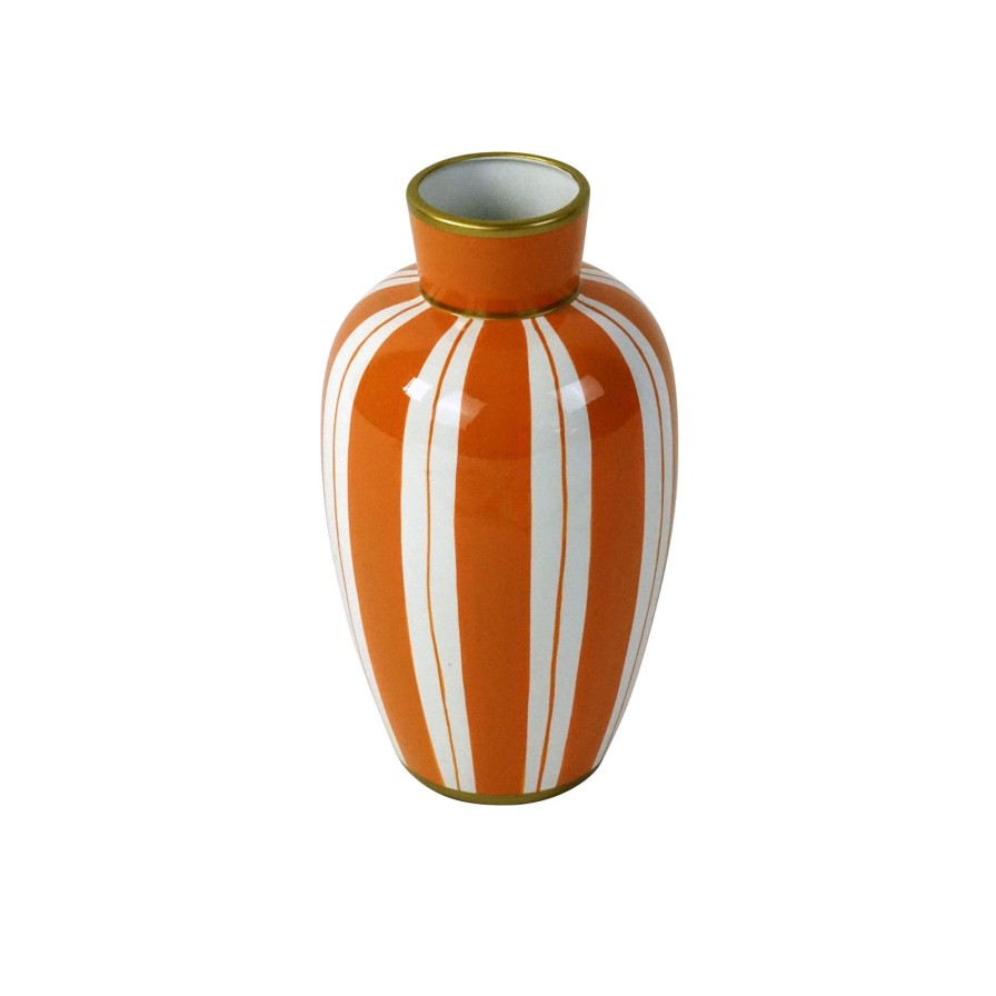 Accessoires Werns | Vase Mandarino, Streifenmuster, Orange-Weis, Handbemalt, Porzellan, 19X19X33,5Cm