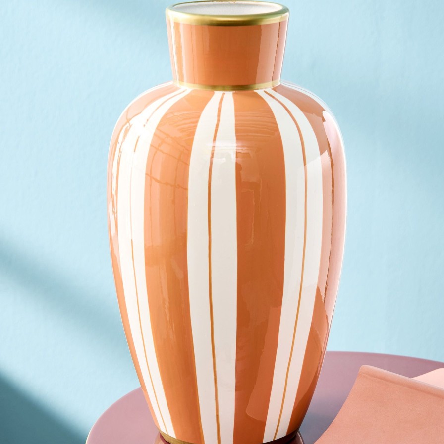 Accessoires Werns | Vase Mandarino, Streifenmuster, Orange-Weis, Handbemalt, Porzellan, 19X19X33,5Cm