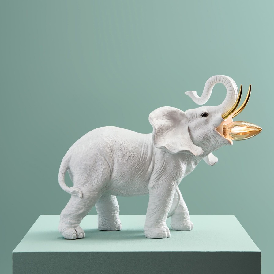 Tierleuchten Werns | Tischleuchte Elefant Dumbo,Weis-Gold, Polyresin, 25X17X29,5Cm, E14