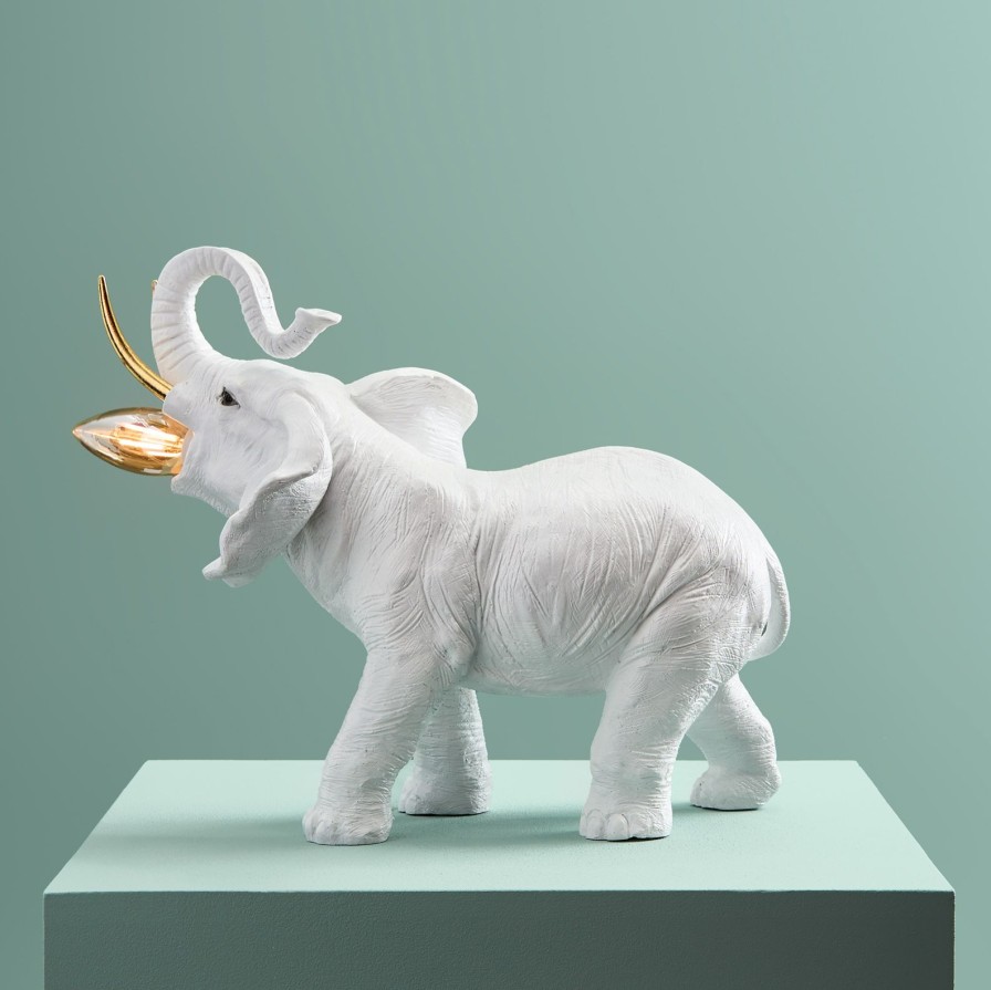 Tierleuchten Werns | Tischleuchte Elefant Dumbo,Weis-Gold, Polyresin, 25X17X29,5Cm, E14