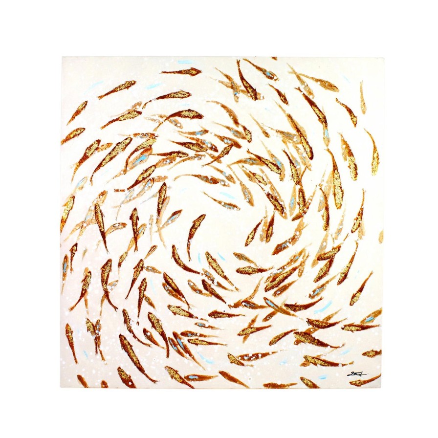 Wall Art Werns | Gemalde Fische Fischschwarm, Gold-Weis, Handgemalt, Acryl Auf Leinwand, 100X100Cm