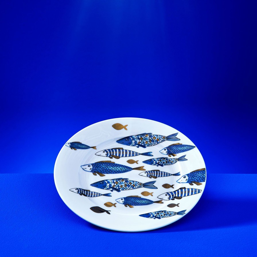 Geschirr Werns | 6Er-Set Dessertteller Fische Blue Fish, Goldauflage, New Bone, D. 20,5 Cm