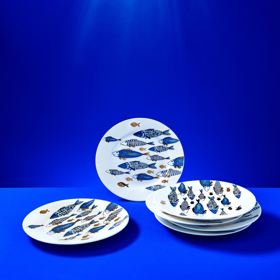 Geschirr Werns | 6Er-Set Dessertteller Fische Blue Fish, Goldauflage, New Bone, D. 20,5 Cm