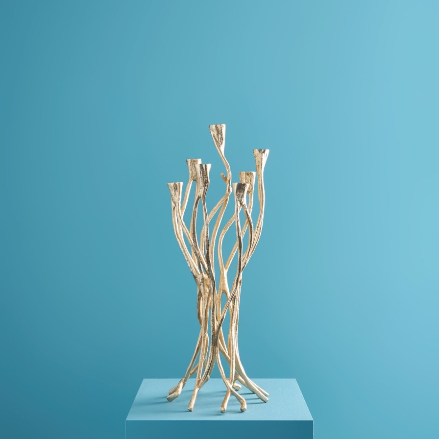 Accessoires Werns | Kerzenleuchter Roots, Gold, Aluminium, Handgefertigt, 25X22X63,5 Cm